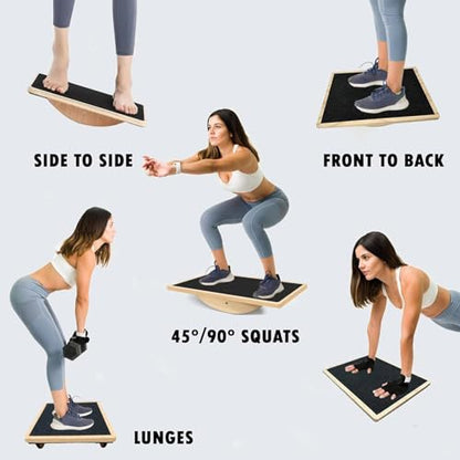 Wooden Balance Board - Non Slip Fitness Rocker Plate, Heavy Duty Professional Exercise Base | Rectangular Core Strength Trainer Standing Desk for Home Gym Office Adults Teens Youth