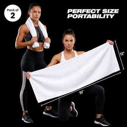 Sports Towel - Double Pack (2 Pieces), 12"x51", White, 100% Cotton - Oeko-Tex Certified, Very Absorbent and Quick-Drying, for Fitness, Gym and Yoga