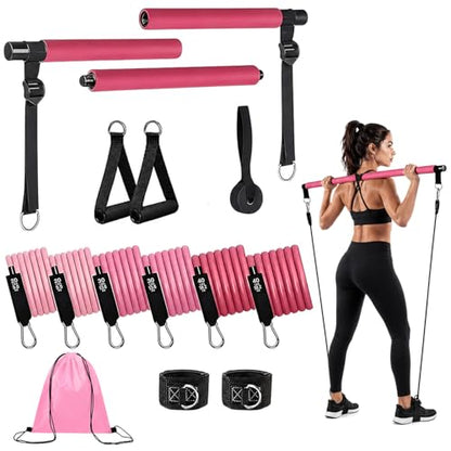 Pilates Bar Kit with Resistance Bands, Pilates Workout Equipment for Home Gym, Adjustable 3-Section Pilates Bar Kit for Women & Men, Ideal Pilates at Home Kit for Full Body Training & Flexibility