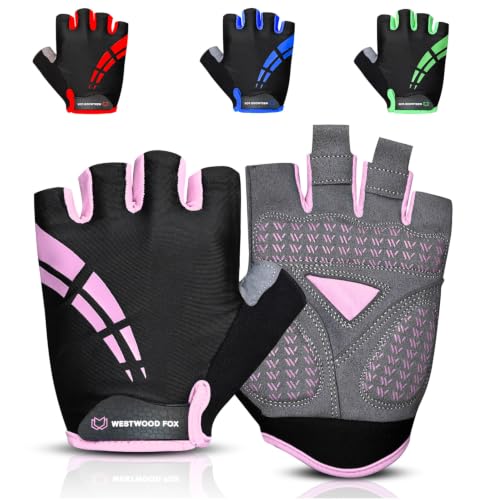 WESTWOOD FOX Cycling Gloves for Men Women,Half Finger Unisex Gel Padded Anti-Slip Mountain Bike Gloves, Breathable Shock Absorption Grip Palm Bicycle Summer Riding MTB Bike Gloves - color: PINK, size: Large