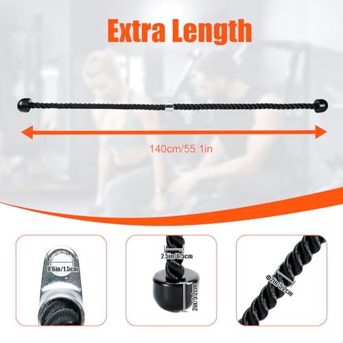 Long Tricep Pull Down Rope Exercise Tricep Rope 55 inch Pull Down Rope with Latch Gym Cable Machine Accessories