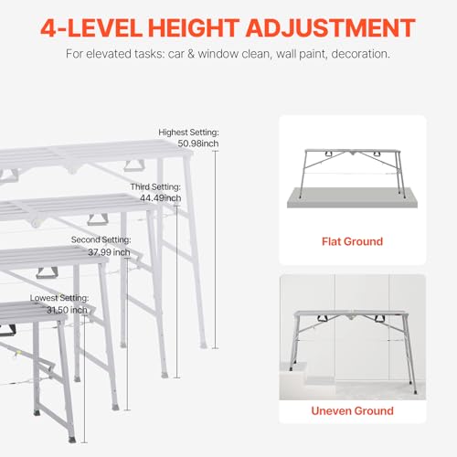 VEVOR Work Platform, 63"x 15" Portable Scaffolding Platform, Folding Steel Step Ladder Adjustable Height 31.5”-50.1”, 800 lbs Load Capacity, Non-Slip Drywall Painting Stool for Cleaning &Washing - size: 63"x 15"
