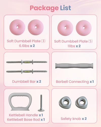 kisnbld Adjustable Dumbbell Set, 35/45/62LBS SoftShell Weight Set with Connector 4-IN-1 Dumbbell Set Used as to Barbell & Kettlebell for Home Gym, Fitness Exercise for Men Women Beginners - color: Pink-35 LB