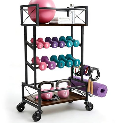 4 Tier Home Gym Storage Rack with Wheels, Yoga Mat Rack Small Dumbbell Weight Rack, Multi-Functional Wood Metal Gym Equipment Storage Rack Workout Cart for Women Kettlebell Fitness Organizer