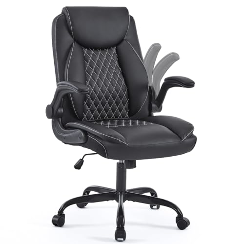 YFO Leather Office Ergonomic Home Office Desk Chair, Back Support Swivel Executive Office Chair with Wheels and Flip-Up Armrests, Small Gaming Chair with Adjustable Rocking Function, Black