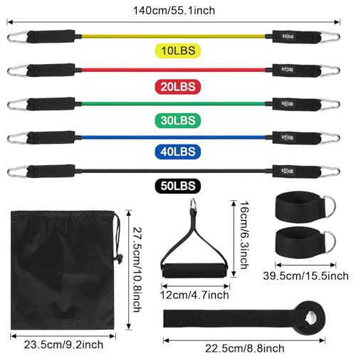 11PCS Resistance Bands, 150 LBS Exercise Bands Set with Handles, Work Out Band with Door Anchor, Ankle Straps for Strength Training, Yoga, Pilates, Physical Therapy, Home Gym