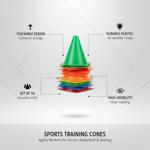Sports Training Cones Set of 10, Stackable Agility Markers for Soccer Basketball Skating Drills, Durable Plastic Field Equipment (Set of 10) - size: 7.87 x 7.87 x 7.09"