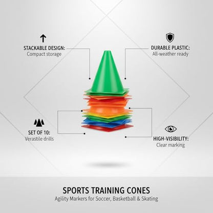 Sports Training Cones Set of 10, Stackable Agility Markers for Soccer Basketball Skating Drills, Durable Plastic Field Equipment (Set of 10) - size: 7.87 x 7.87 x 7.09"