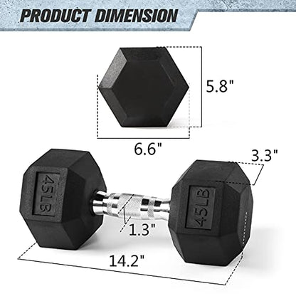 RitFit Rubber Coated Hex Dumbbell Set with Rack, 5-780LB for Home Gym Strength Training, Anti-Slip Knurled Handle, Hexagon Anti-Roll, Heavy-Duty Storage Rack - style: 45 LB