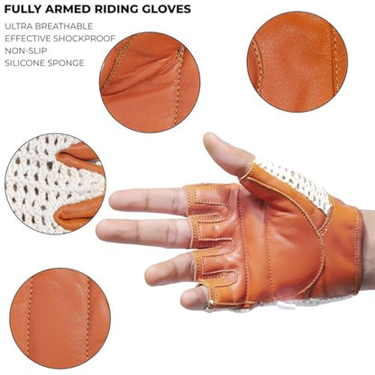 Real Soft Leather Crochet Net Fingerless Driving Weight Training Cycling Wheelchair Gloves W-1037 - color: Tan/White, size: XX-Large