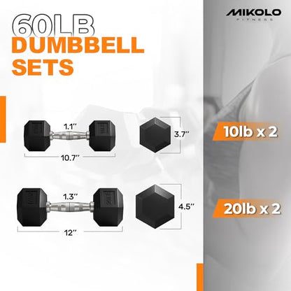 Mikolo Dumbbell Sets with Rack, Rubber Hex Dumbbells, Multiple Choices in 160/200/380/450/550LB, Hand Weights with Chrome Handle for Strength Training - style: 60LB SET (10/20LB Pairs)