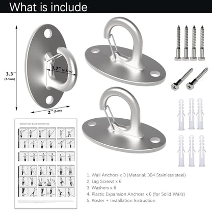 FITKIT 3-Pack Wall Mount Anchor for Resistance Bands, 304 Stainless Steel No-Weld Design with Spring Snap for Home Gym & Suspension Straps