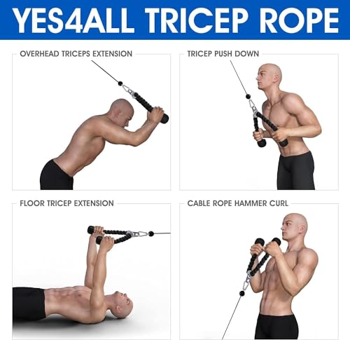 Yes4All Deluxe Tricep Rope Cable Attachment, 27 & 36 inch with 4 Colors, Exercise Machine Attachments Pulley System Gym Pull Down Rope with Carabiner - color: H. 36" Blue Black