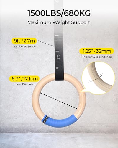 Gymnastics Rings Wooden Olympic Rings 1500/1000lbs with Adjustable Cam Buckle 14.76ft/9ft Long Straps with Scale Non-Slip Gym Rings for Home Gym Full Body Workout - size: 1.25" (32MM) Rings & Straps