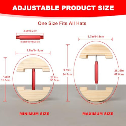 Hat Stretcher for Fitted Hats, Cowboy Hat Stretcher Fitted Hat 7 to 8 1/2, Adjustable Wooden Hat Jack Stretcher Fits All Caps - color: Round Square Red