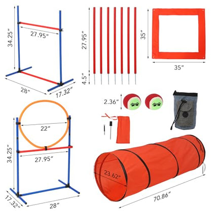 CuisinSmart Dog Agile Course Backyard Set, Dog Obstacle Course Backyard with 2-Set Agility Hurdle,Jump Ring, Tunnel, Pause Box, 8 Weave Poles, Toy Balls & Portable Storage Bags,Dog Agility Equipment