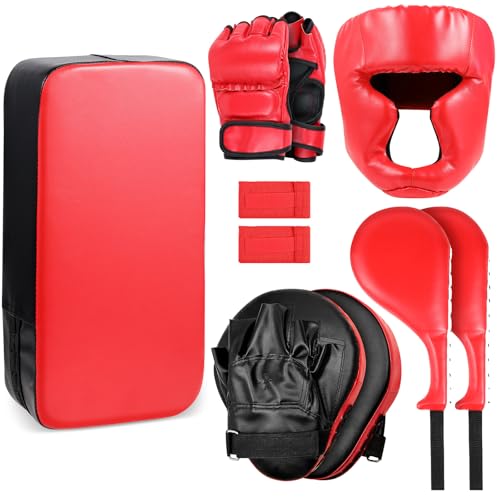 Gemscream 10 In1 Punching Mitts Kick Pad Set Taekwondo Pads Boxing Mitts Focus Pads Boxing Gloves Safety Head Guard Wrist Band for Kickboxing, Karate, Muay Thai, MMA Training - color: Red