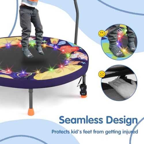 Goplus Foldable Toddler Trampoline for Kids, 36'' Recreational Mini Trampoline w/20 LED Lights, Foam Handle, Padded Safety Cover, Indoor Outdoor Exercise Rebounder for Boys Girls Aged 3-6 - style: Purple-Outer Space