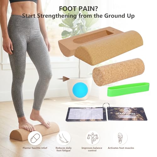 Cork Balance Board, Premium Cork 4-in-1 Foot & Ankle Strengthener Kit, Balance Trainer with Massage Roller & Ball, Toe Resistance Bands, Carrying Bag, Exercise Guide & Training Log for Mobility, Balance & Foot Function