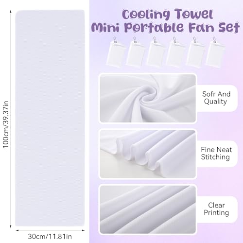 Tujoe 6 Sets Mini Portable Fan Cooling Towel Small Personal Handheld Fan Rechargeable 35"x 12" Ice Towel Chilly for Yoga, Sport, Gym, Workout, Camping, Fitness, Running Summer Gift (White)