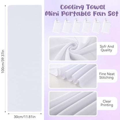 Tujoe 6 Sets Mini Portable Fan Cooling Towel Small Personal Handheld Fan Rechargeable 35"x 12" Ice Towel Chilly for Yoga, Sport, Gym, Workout, Camping, Fitness, Running Summer Gift (White)