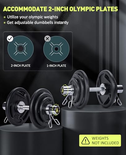 16" Olympic Dumbbell Handles, Solid Steel Loadable Weight Bars for 2-Inch Plates, Adjustable Home Gym Strength Training Equipment (Includes 4 Spring Collars)