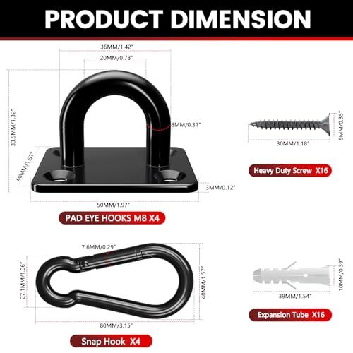 sprookber 304 Stainless Steel Pad Eye Snap Hook,M8 Ceiling Hook 1200Lb,8Pcs - size: 3.15 inch, style: Black Square