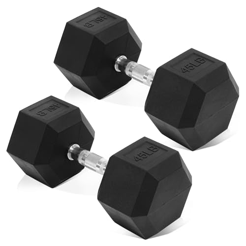 Fitvids Rubber Encased Hex Dumbbell, Hand Weights with Anti-Slip Cast Iron Grip for Exercise & Fitness, Weights Dumbbells Set of 2 for Strength Training, 5-50 LBS Pair