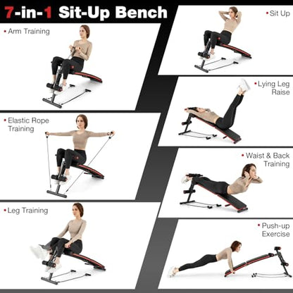 Goplus 7 in 1 Sit up Bench, Foldable Decline Incline Bench w/4 Position Adjustable Height & 2 Elastic Ropes for Strength Training, Curved AB Slant Board Workout Equipment for Home Gym Fitness, 330 LBS