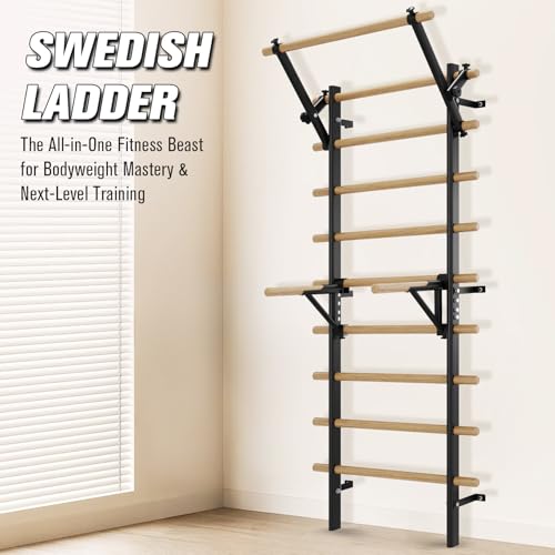 Swedish Ladder Wall Gym, Stall Bar Home Gym with Adjustable Pull-Up Bar, Dip Bar Attachments & 2pcs Resistance Band, 9 Strategic Rods for Core Strengthening and Stretching Balanced for Body Exercise