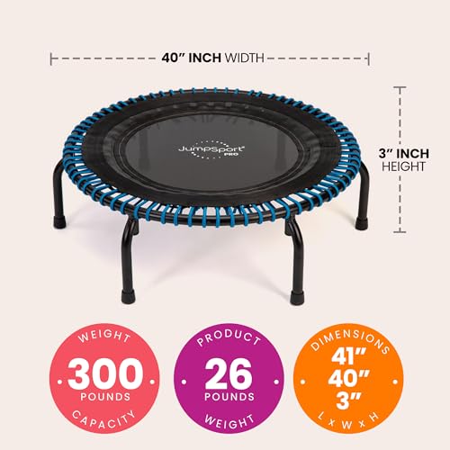 JumpSport 350 PRO 39 Inch Fitness Trampoline Indoor Rebounder Cardio Workout Equipment 300 lb Capacity - color: Black/Blue