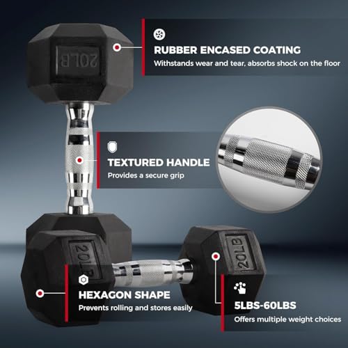 RitFit Rubber Hex Dumbbell Set with Storage Weight Rack - style: 350 LBS Red (10-50LB)