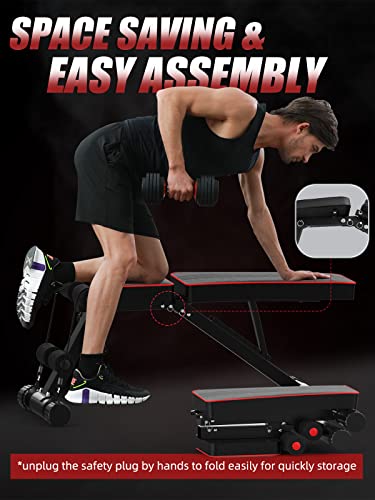 YOLEO 6 in 1 Space Saving Weight Bench Set for Home Gym, Fast Folding & Adjustable Workout Bench, Bench Press Rack/Leg Extension/Preacher Curl/Sit up(1-Step Folding) (Black)