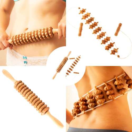 2 Pcs Wooden Sturdy Lymphatic Drainage Roller & Back Massager with Ropes, Maderotherapy, Body Sculpting- Recommended by Professionals (Roller & Massager) - color: Roller & Massager