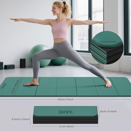 HAHE 7-Fold Design Extra Thick Yoga Mat 72"L x 24"W x 0.47",TPE Fitness Exercise Mats, Non-Slip Foldable Yoga Mat, High Density, Portable for Men & Women, Yoga, Pilates, Home Gym - color: Dark Green & Black
