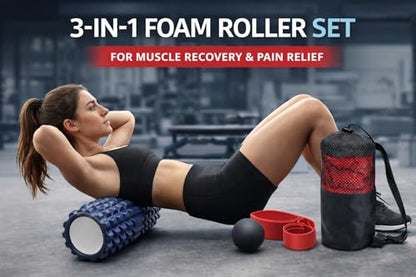 3-IN-1FOAM Roller Set for Muscle Massage, DEEP Tissue Roller, Massage Ball, Resistance Band, & Carry Bag.