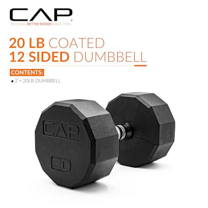 CAP Rubber Coated Dumbbell Weights, Free Weights for Home Gym Strength Training, Anti-Roll Hex Dumbbells with Black, Chrome & Comfort Grip Handles, Pairs & Sets - size: 20 lb - Pair, style: 12-Sided - Chrome Handle