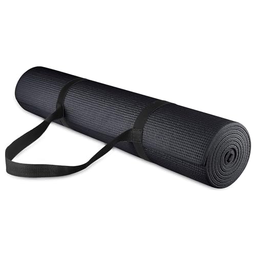 Signature Fitness All Purpose 0.25 Inch Thick High Density No Tear Exercise Yoga Mat with Strap & Lightweight Features for Indoor & Outdoor Use, Black