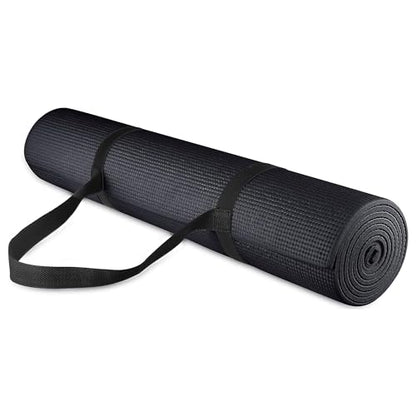 Signature Fitness All Purpose 0.25 Inch Thick High Density No Tear Exercise Yoga Mat with Strap & Lightweight Features for Indoor & Outdoor Use, Black