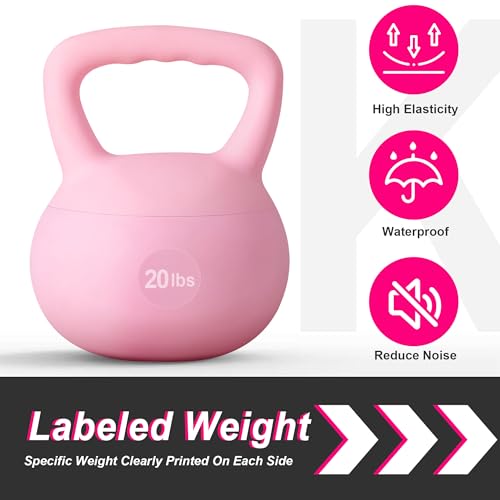 soges PVC One-Piece Kettlebell with Wide Handles, Strength Training Kettlebells 5lb to 35lb Optional for Women of Different Levels, Iron Sand Filled Soft Kettlebell - color: 20lbs - Pink