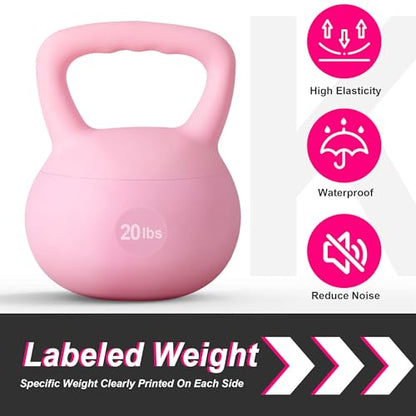 soges PVC One-Piece Kettlebell with Wide Handles, Strength Training Kettlebells 5lb to 35lb Optional for Women of Different Levels, Iron Sand Filled Soft Kettlebell - color: 20lbs - Pink