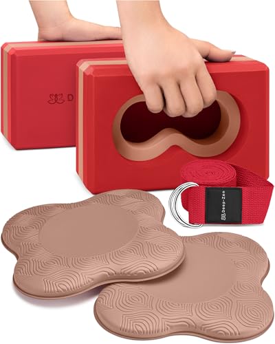Deep-Zen® Yoga Blocks Wrist Support; Yoga Blocks 2 Pack with Knee Pads and Strap to Put Less Weight on Wrists; Durable, Versatile Yoga Brick Exercise Block Set, Blocks Yoga - color: Red