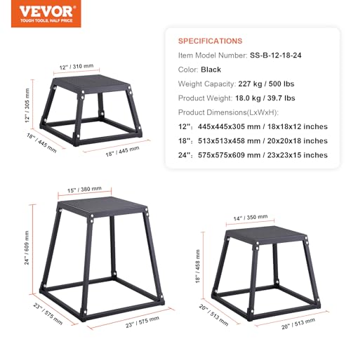 VEVOR Plyometric Platform Box, Plyometric Jump Box, Fitness Steel Plyo Box for Home Gym Jump Training, Crossfit, Conditioning, Strength Training, Black