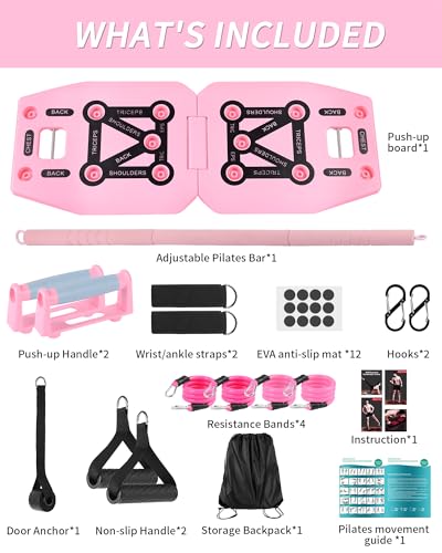 Home Gym Exercise Equipment - Portable Workout System 17 Fitness Accessories 9 in1 Push Up Board Set, Resistance Bands with Pilates Bar Strength Training Abs Shoulders