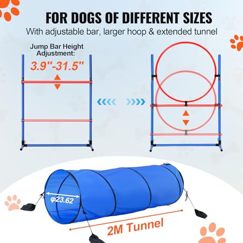 VEVOR Dog Agility Training Equipment, Dog Agility Course Backyard Set with Adjustable High Hurdles,6 Weave Poles,Tunnel,Jump Ring,Pause Box,Whistle,Foldable Bowl,Storage Bag, Puppy Obstacle Course Kit - size: 7 Pcs Training Set