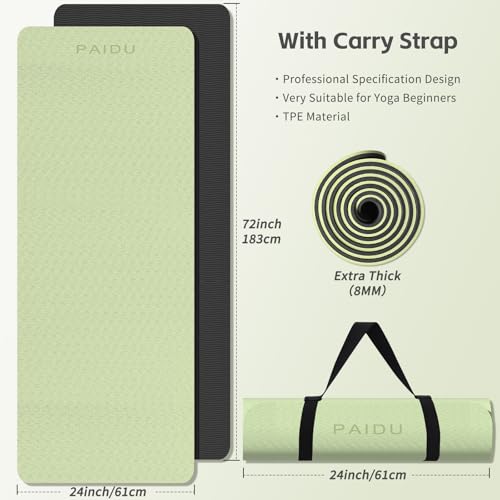 PAIDU Yoga Mat 8mm TPE Non‑Slip Fitness Mat with Strap for Home Workouts - color: Green&Black