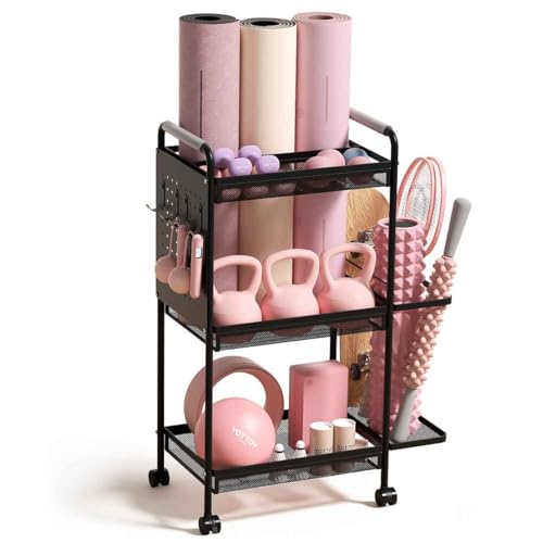 YOTTOY 3-Tier Gym Storage Rack for Home Gym–Multi-Functional Weight Rack, Dumbbell Rack, Yoga Mat Holder with Side Basket & 6 Hooks, Gym Equipment Organizer