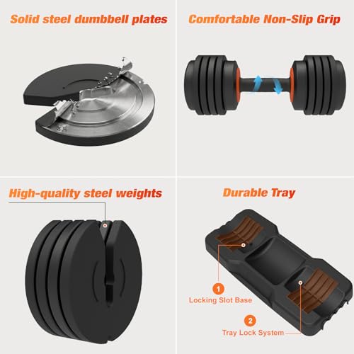 TOUSAINS Adjustable Dumbbells MX55, 5 in 1 Free Weights 5-52.5 lbs Pair, 1-Second Fast Adjustment with Anti-Slip Metal Handle, Compact Home Gym Equipment for Men Women Strength Training
