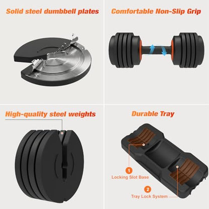 TOUSAINS Adjustable Dumbbells MX55, 5 in 1 Free Weights 5-52.5 lbs Pair, 1-Second Fast Adjustment with Anti-Slip Metal Handle, Compact Home Gym Equipment for Men Women Strength Training