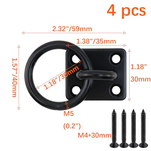 Semetall M5 Black Ceiling-Wall Mount Hook & Pad Eye Plate - 4 Pack 304 Stainless Steel Deck Hardware, Heavy Duty Anchor Rings for Boat Rigging, Yoga Swings, Hammocks & Marine Suspension(Square) - size: M5 - Square